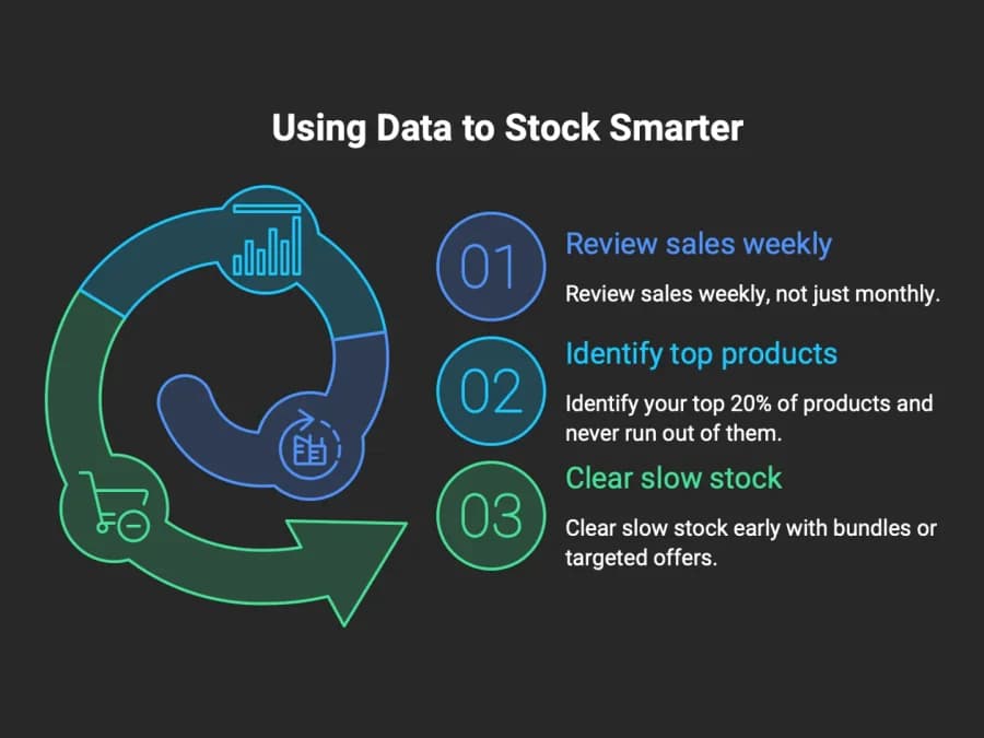 Using Data to Stock Smarter. 1, Review sales weekly: review sales weekly, not just monthly. 2, Identify top products: identify your top 20% of products and never run out of them. 3, Clear slow stock: clear slow stock early with bundles or targeted offers.