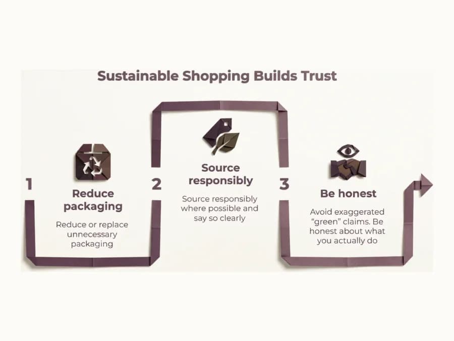 Sustainable Shopping Builds Trust. 1, Reduce packaging: reduce or replace unnecessary packaging. 2, Source responsibly: source responsibly where possible and say so clearly. 3, Be honest: avoid exaggerated “green” claims; be honest about what you actually do.